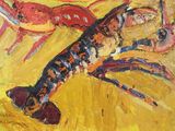 une peinture à l'huile représentant un homard sur fond jaune