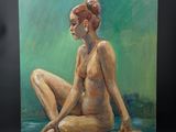an oil painting of a nude woman sitting on the ground