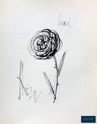 un dessin à l'encre représentant une seule fleur sur une feuille de papier