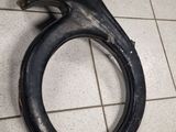 a black horn sitting on the floor next to a pile of oranges