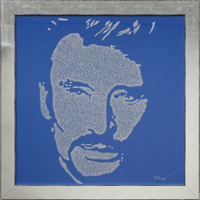 blue and white portrait of a man with a mustache on a blue background
