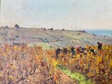 a painting of horses in a vineyard with a view of the ocean in the background