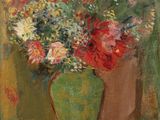 tableau représentant des fleurs dans un vase vert posé sur une table