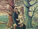 an oil painting of a man and a woman sitting in a field