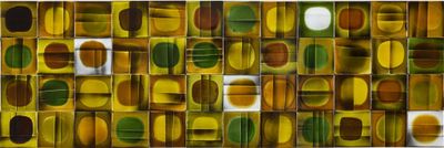 painting of a multicolored pattern of circles and rectangles in yellow, green, brown, and white