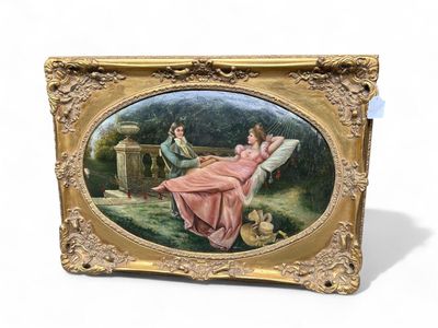 a picture of a painting of two women sitting on a bench