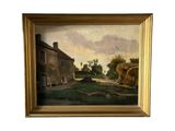 une peinture à l'huile représentant une scène de vie à la ferme, avec des balles de foin au premier plan