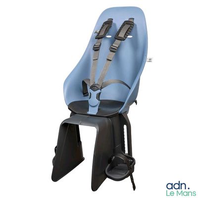 the baby seat is blue and has two safety straps on it