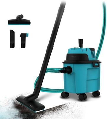 un gros plan d'un aspirateur bleu muni d'une poignée noire