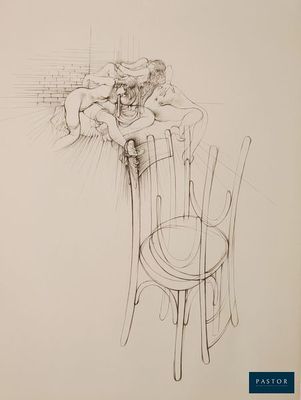 dessin représentant un chat assis sur une chaise sur laquelle dort un autre chat
