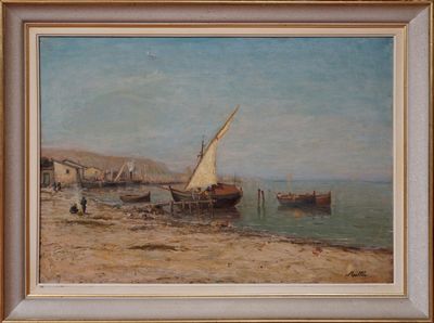 painting of a sailboat on the beach with people on the shore