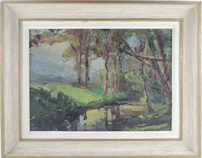une image représentant un tableau représentant des arbres et de l'eau, dans un cadre blanc