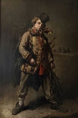 tableau représentant un homme en haut-de-forme et en manteau, tenant un oiseau