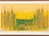 drawing of a yellow and green landscape with trees in the foreground