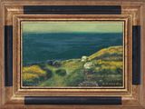 une peinture à l'huile représentant des moutons paissant sur une colline verdoyante surplombant l'océan