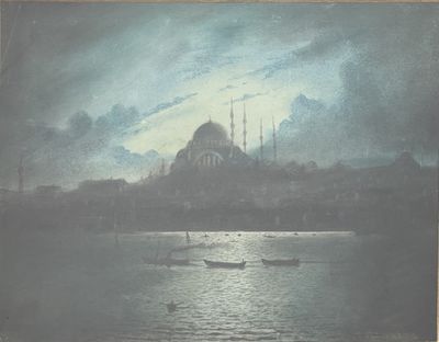 an image of a painting of a boat in a body of water with a building in the background