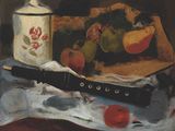 a painting of a box of fruit and a bottle on a table