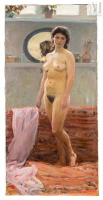 tableau représentant une femme nue debout devant un miroir dans une pièce