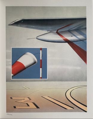 peinture représentant une aile d'avion avec une bande rouge et blanche et une bande rouge et blanche