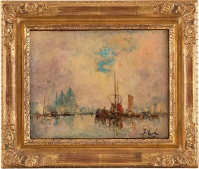une peinture représentant des bateaux dans un port, avec le ciel en arrière-plan
