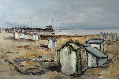 une peinture à l'huile représentant une cabane de plage sur une plage de sable