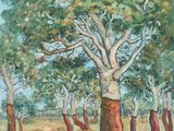 painting of a group of trees in a field with a blue sky in the background