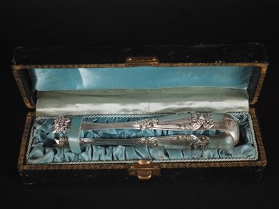 une cuillère en argent et une cuillère en argent dans une boîte