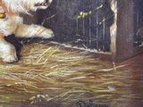 a painting of a small white dog in a cage