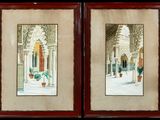 two framed pictures of a courtyard with potted plants in pots
