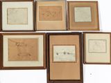 six framed and unframed drawings of animals and birds in wood frames