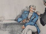 a drawing of a man sitting at a table talking to another man