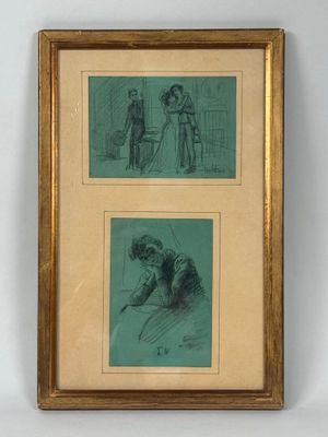 two framed drawings of a man and a woman in a kitchen