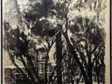 dessin en noir et blanc, encadré, représentant des arbres devant une maison