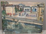 une peinture à l'huile représentant une vue de ville avec des bâtiments et une rivière