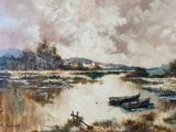 a painting of a boat on the water in the field