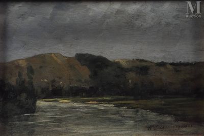 une image représentant un tableau d'une rivière avec une montagne en arrière-plan