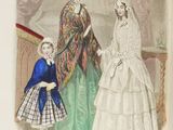 an old book with a picture of a woman and two children in dresses