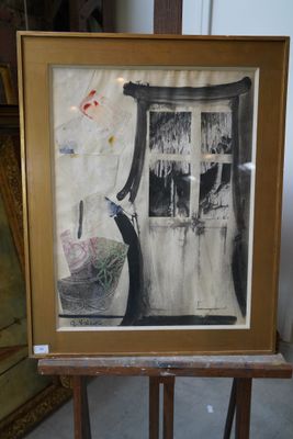 G.Valenti Porte-fenêtre Collage et technique mixte, signé en…