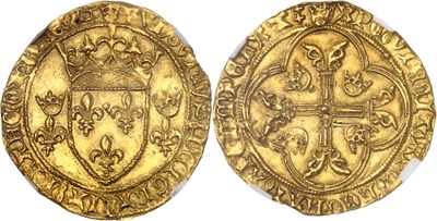 a gold coin with a cross on the front and a shield on the back