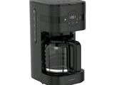 La cafetière est noire et dispose d'une minuterie.