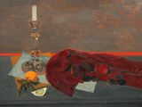 un tableau représentant une orange et une bougie posées sur une table