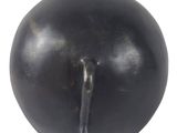 a black vase with a curved handle on a white background