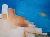 an image of a painting of a white building with a blue sky in the background