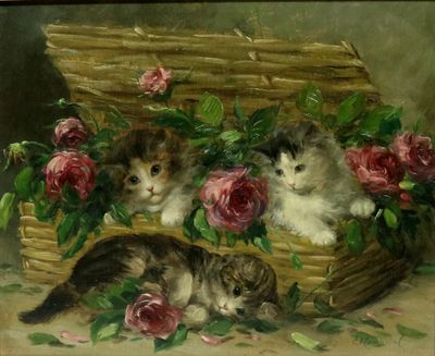 tableau représentant trois chatons dans un panier, avec des roses posées sur une table