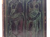 an old book with a picture of a man and a woman in a forest