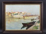 une peinture à l'huile représentant un bateau sur une rivière, avec une ville en arrière-plan