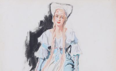 dessin représentant une femme en robe bleue et chapeau blanc