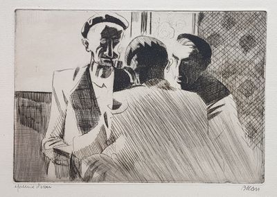 a drawing of a man talking to a group of people