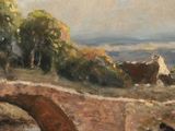 a painting of a man riding a horse over a bridge