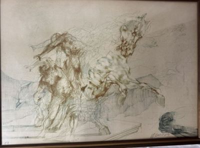 dessin représentant un cheval et son cavalier dans un paysage, avec un oiseau au premier plan